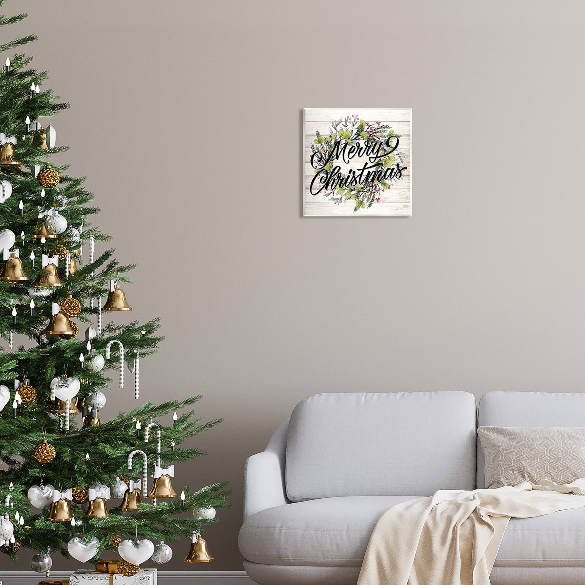 Stupell Industries Merry Christmas Botanical Wreath Wall Plaque Art